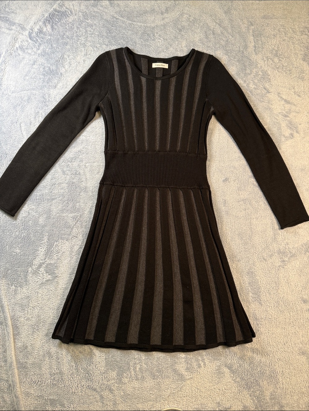 Calvin Klein Black Striped Fit and Flare Long Sleeve Sweater Dress 3265-1 Small